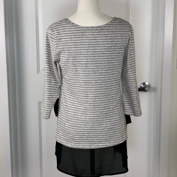 *Pebble & Stone Pullover Stripe Top Gray Black Small Side Tie Sheer Trim Casual - Picture 5 of 8